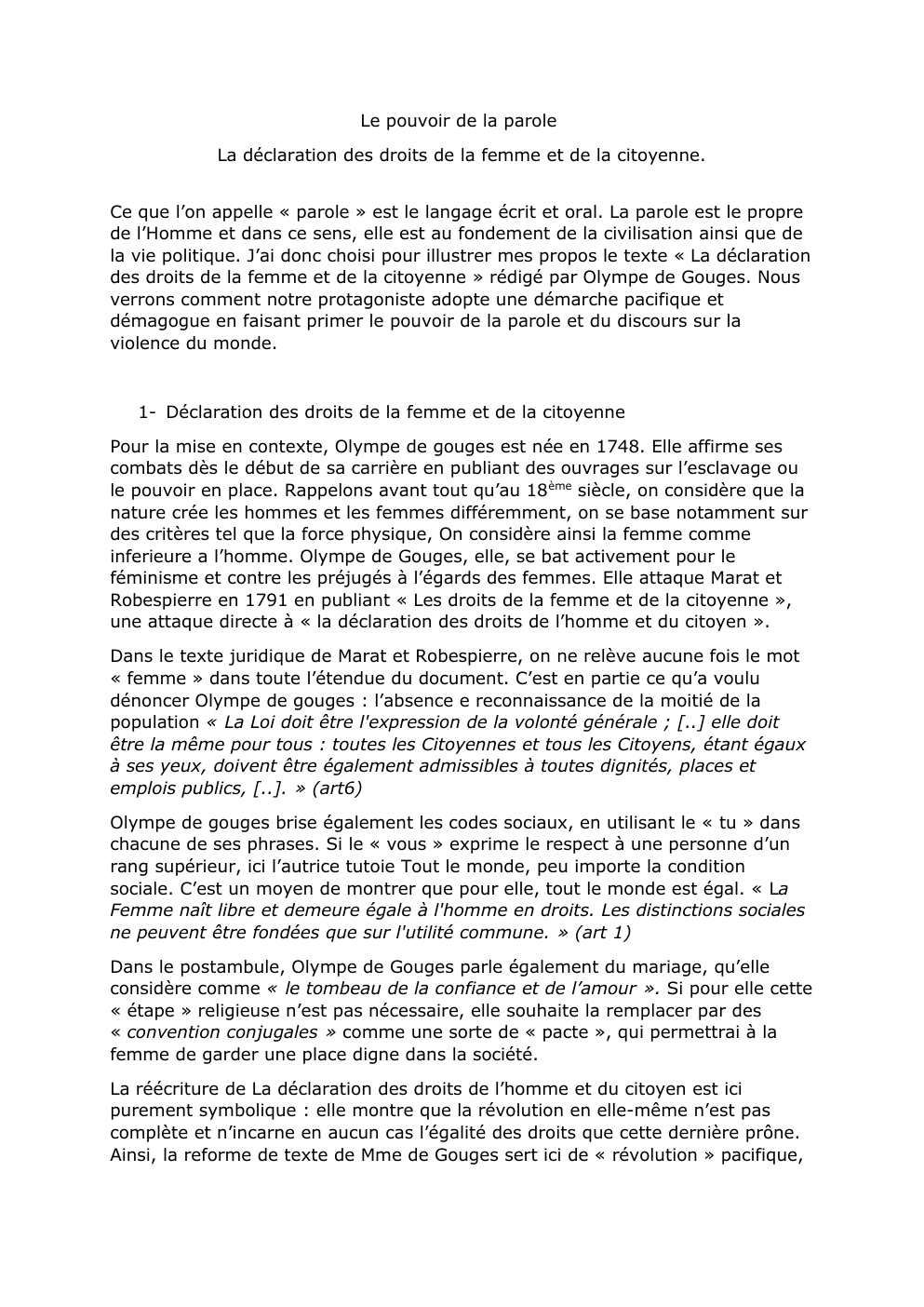 Prévisualisation du document Déclaration des droits de la femme et de la citoyenne - Olympe de Gouges (analyse)