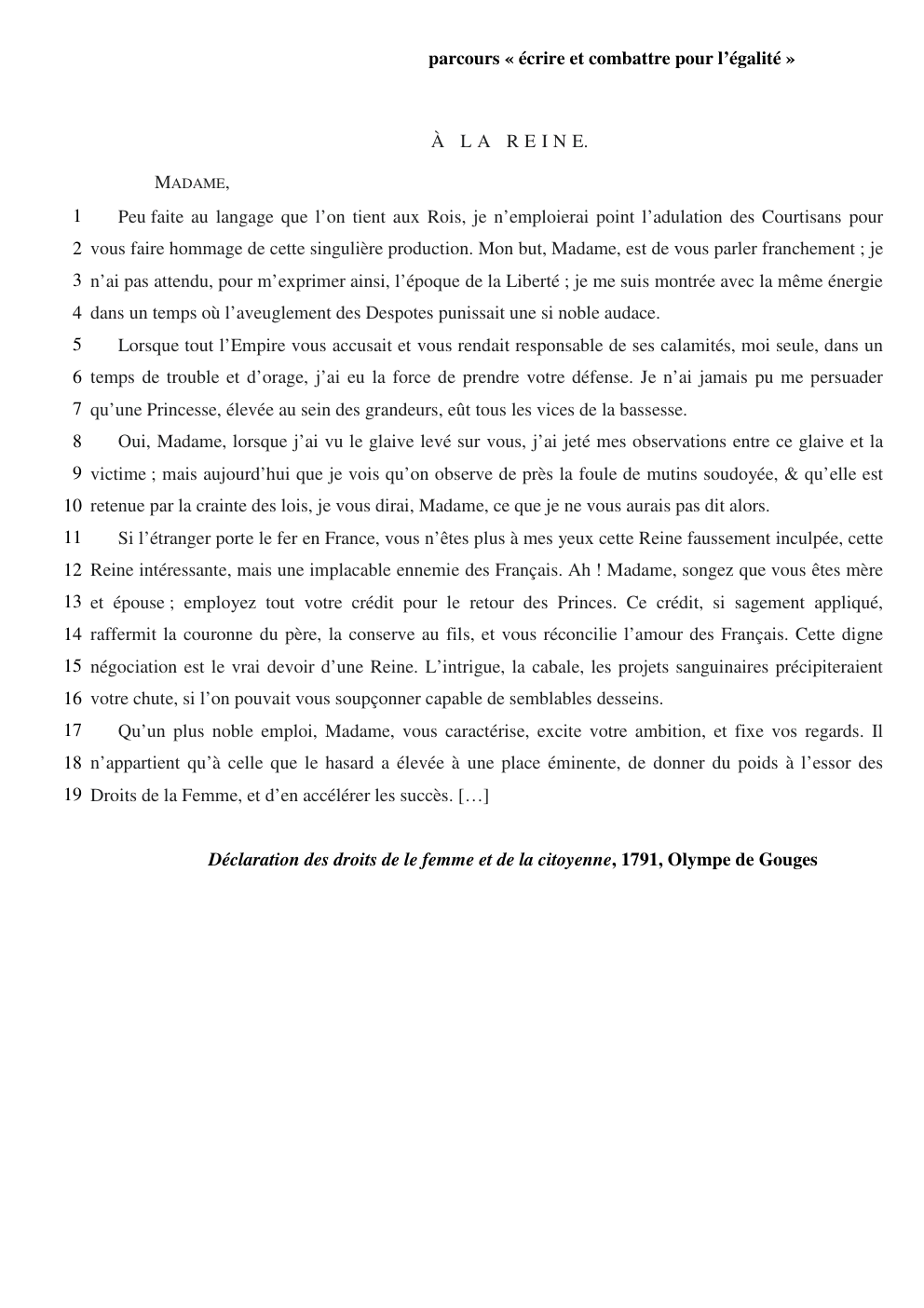 Prévisualisation du document Déclaration des Droits de la Femme et de la Citoyenne, rédigée par Olympe de Gouges.