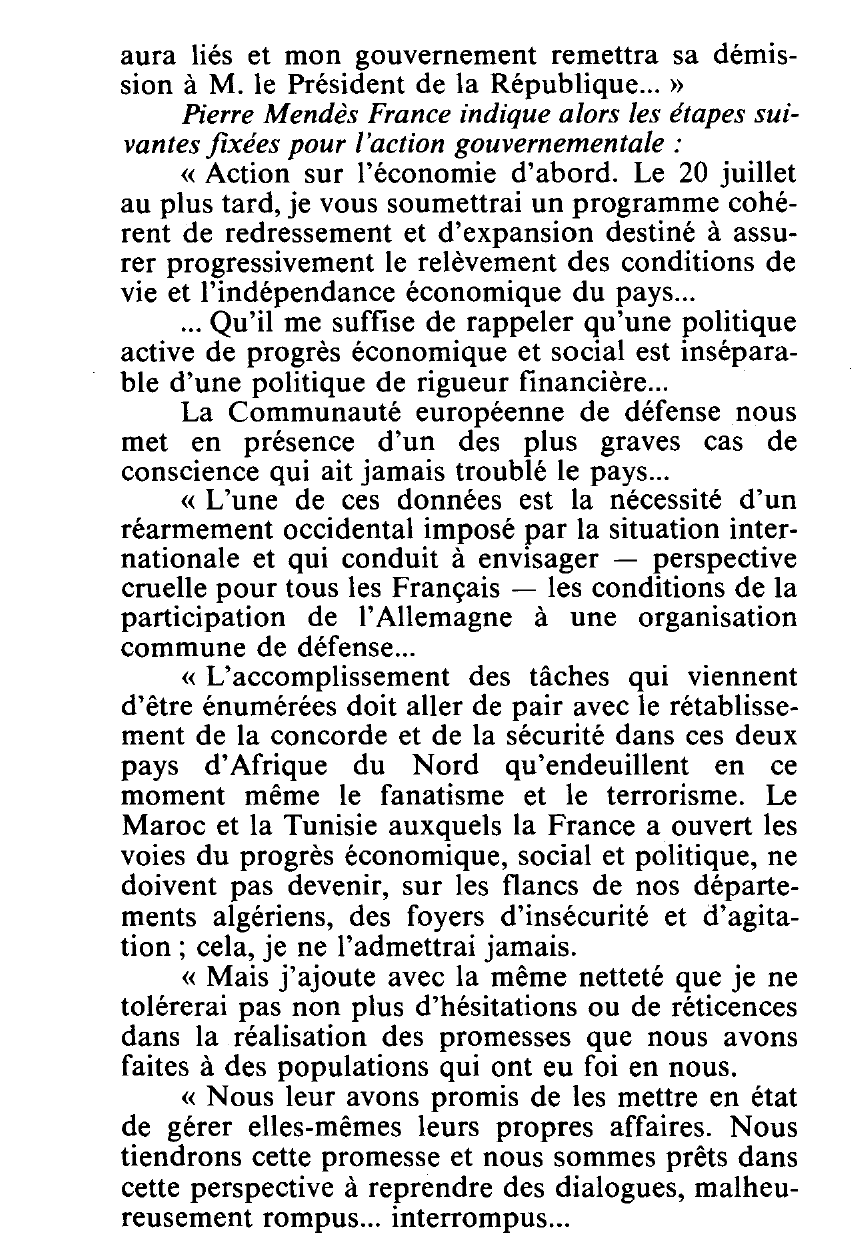 Prévisualisation du document DÉCLARATION D'INVESTITURE DE M. PIERRE MENDÈS FRANCE A L'ASSEMBLÉE NATIONALE LE 17 JUIN 1954 (extraits).