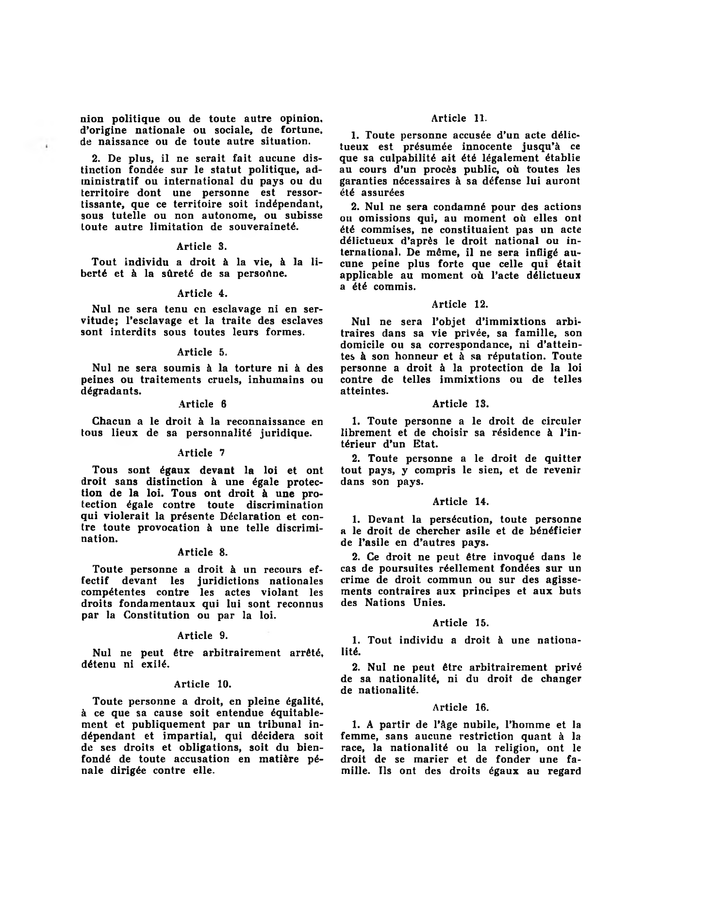 Prévisualisation du document Déclaration universelle des droits de l'homme (Proclamation de l'Assemblée générale de l'O.N.U.) Journal Officiel du 19 février 1949. Texte