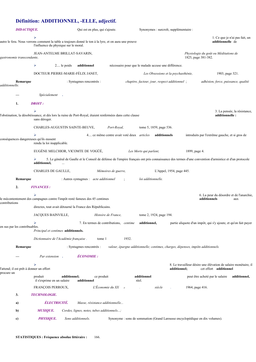 Prévisualisation du document 
	Définition: ADDITIONNEL, -ELLE, adjectif.