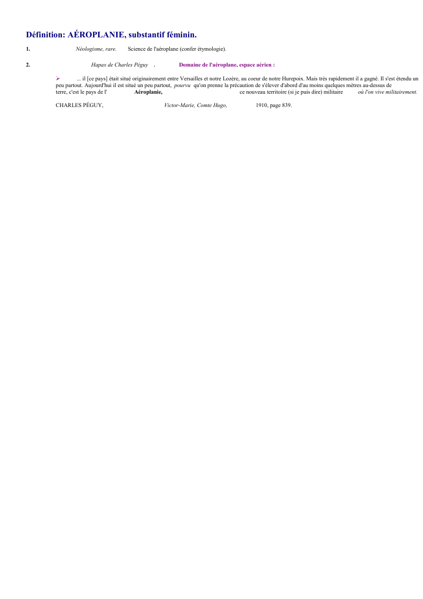 Prévisualisation du document 
	Définition: AÉROPLANIE, substantif féminin.