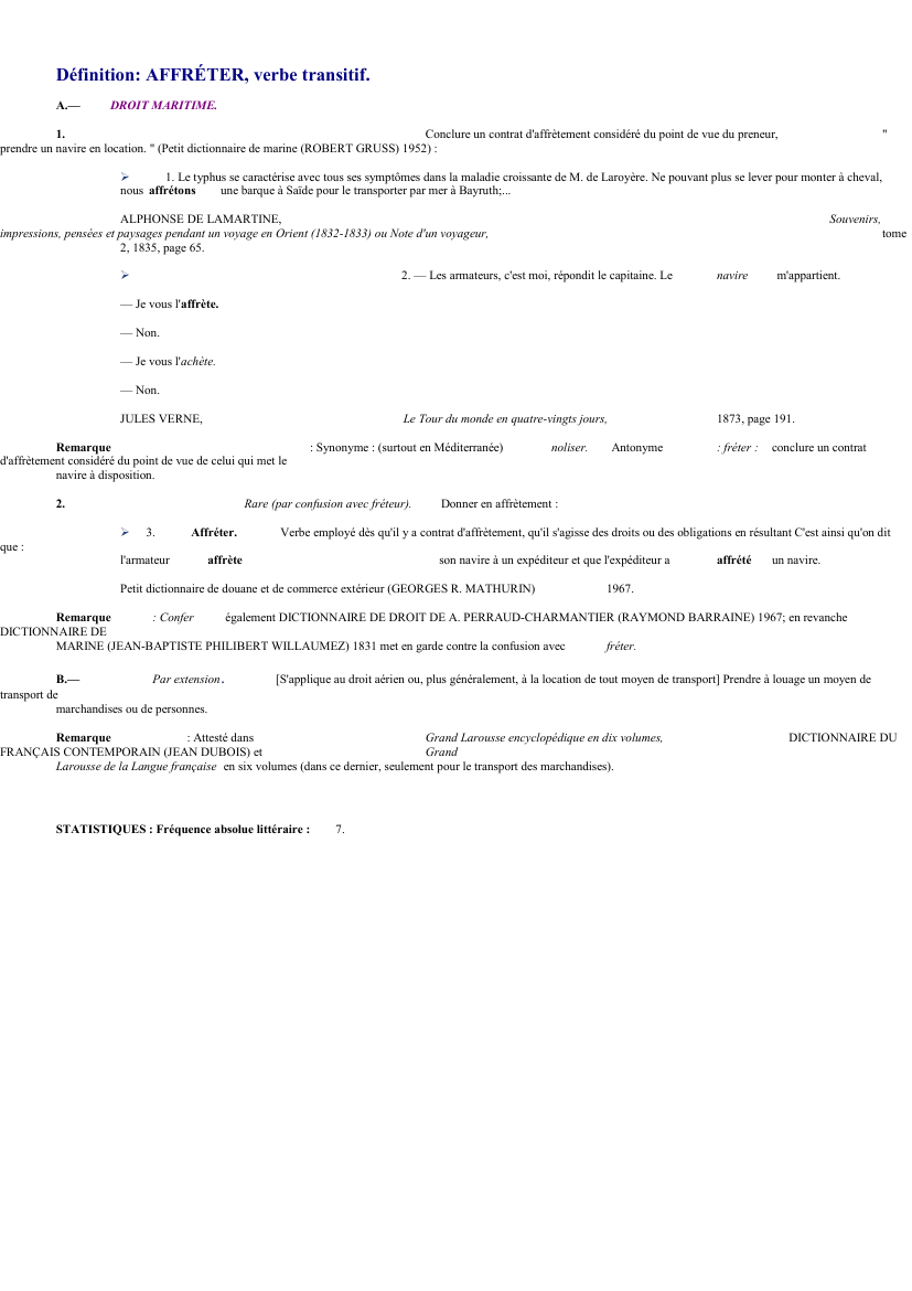 Prévisualisation du document 
	Définition: AFFRÉTER, verbe transitif.