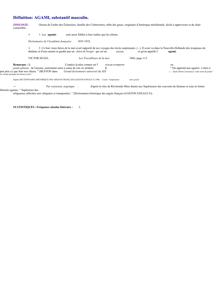 Prévisualisation du document 
	Définition: AGAMI, substantif masculin.