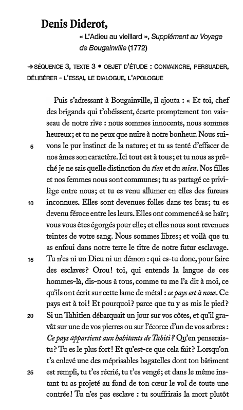 Prévisualisation du document Denis Diderot,

« L'Adieu au vieillard », Supplément au Voyage

de Bougainville (1772)

➔ SÉQUENCE 3,

TEXTE 3 • OBJET...