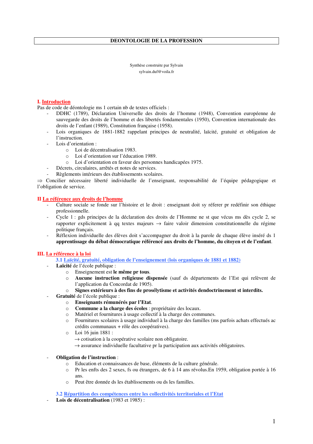 Prévisualisation du document DEONTOLOGIE DE LA PROFESSIONSynthèse construite par Sylvainsylvain.