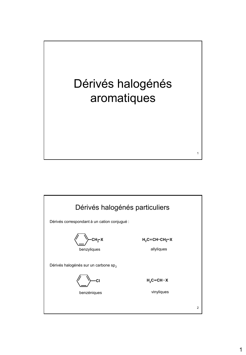 Prévisualisation du document Dérivés halogénés
aromatiques

1

Dérivés halogénés particuliers
Dérivés correspondant à un cation conjugué :

CH2 X

benzyliques

H2C CH CH2...