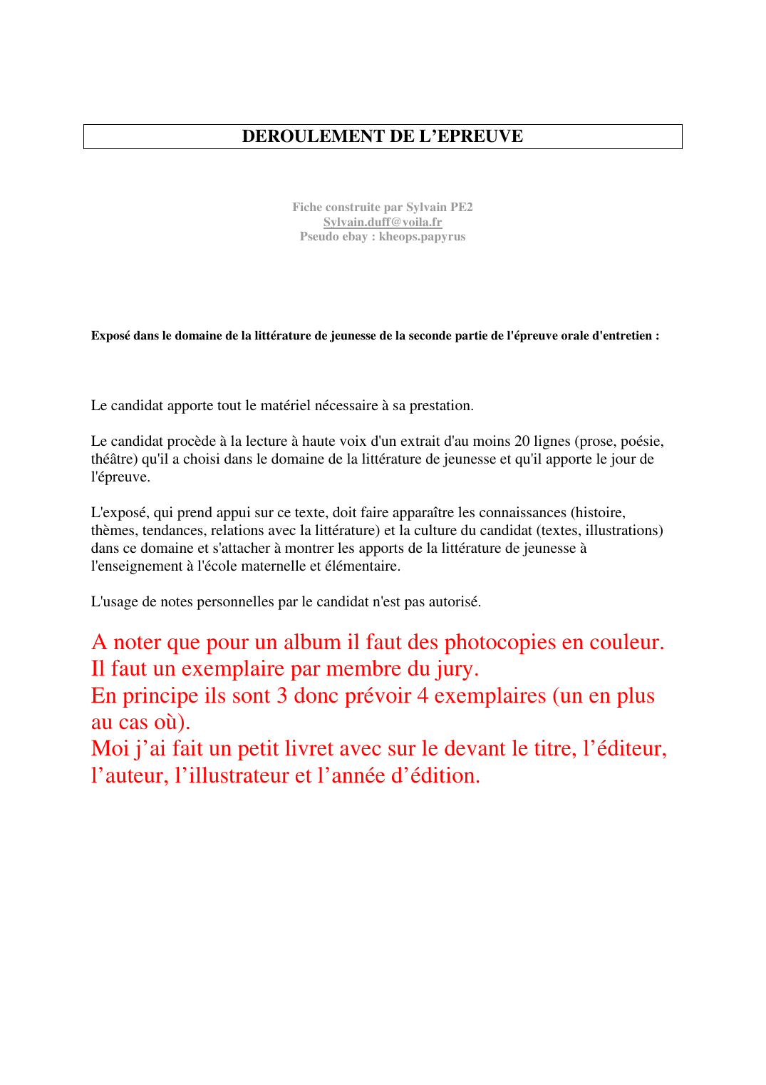 Prévisualisation du document DEROULEMENT DE L'EPREUVEFiche construite par Sylvain PE2Sylvain.