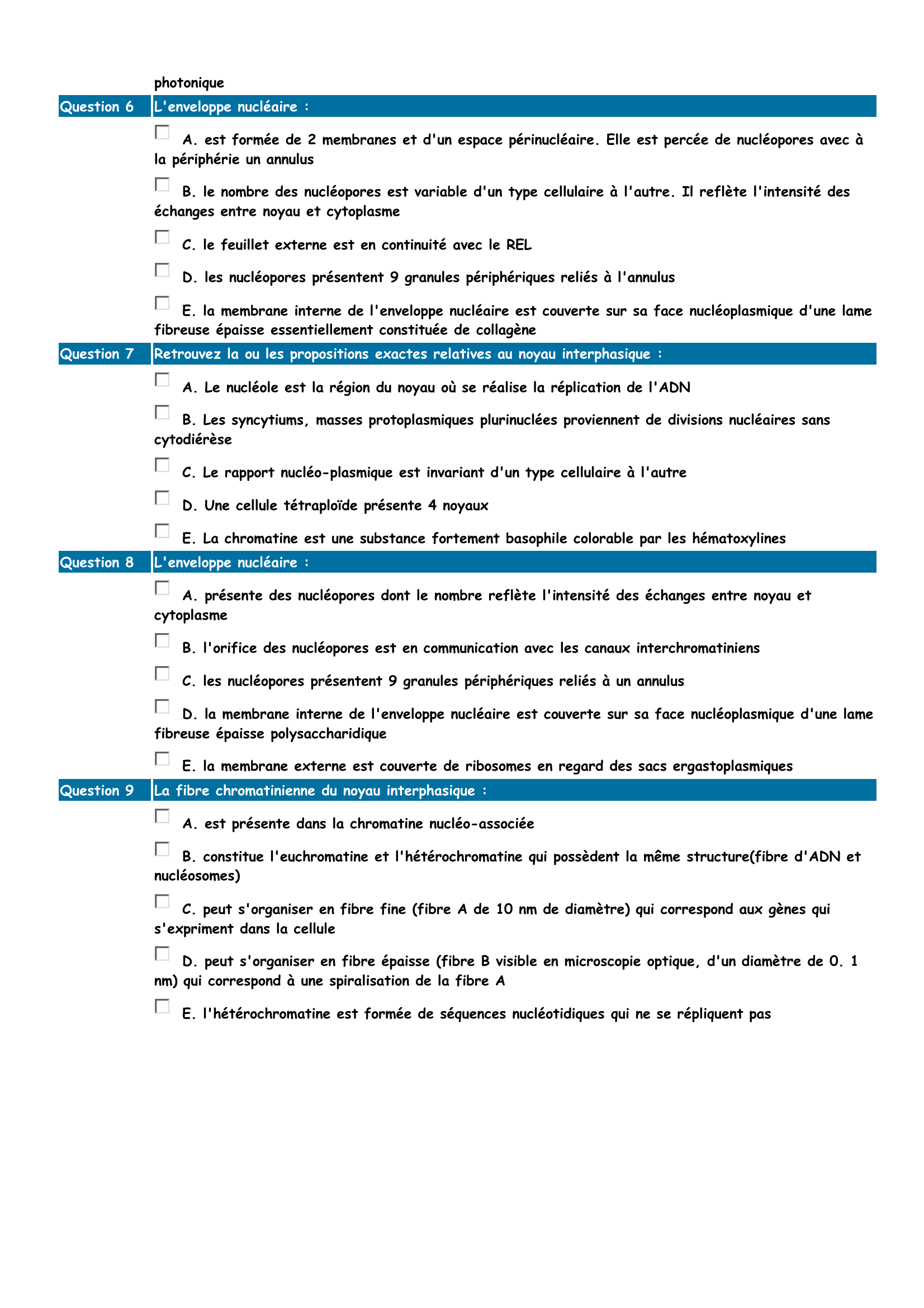 Prévisualisation du document Description

9 QCM

Question 1

Les nucléosomes sont constitués par :
A.