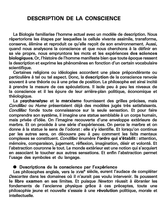 Prévisualisation du document DESCRIPTION DE LA CONSCIENCE (fiche bac)