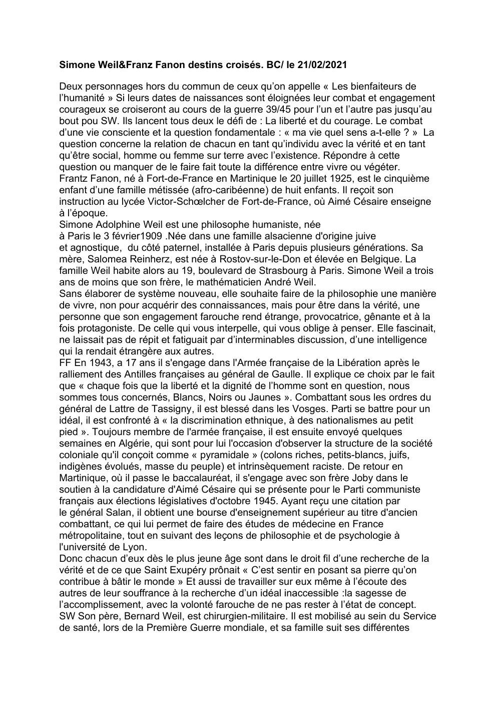 Prévisualisation du document Destins croisés Simone Weil & Franz Fanon