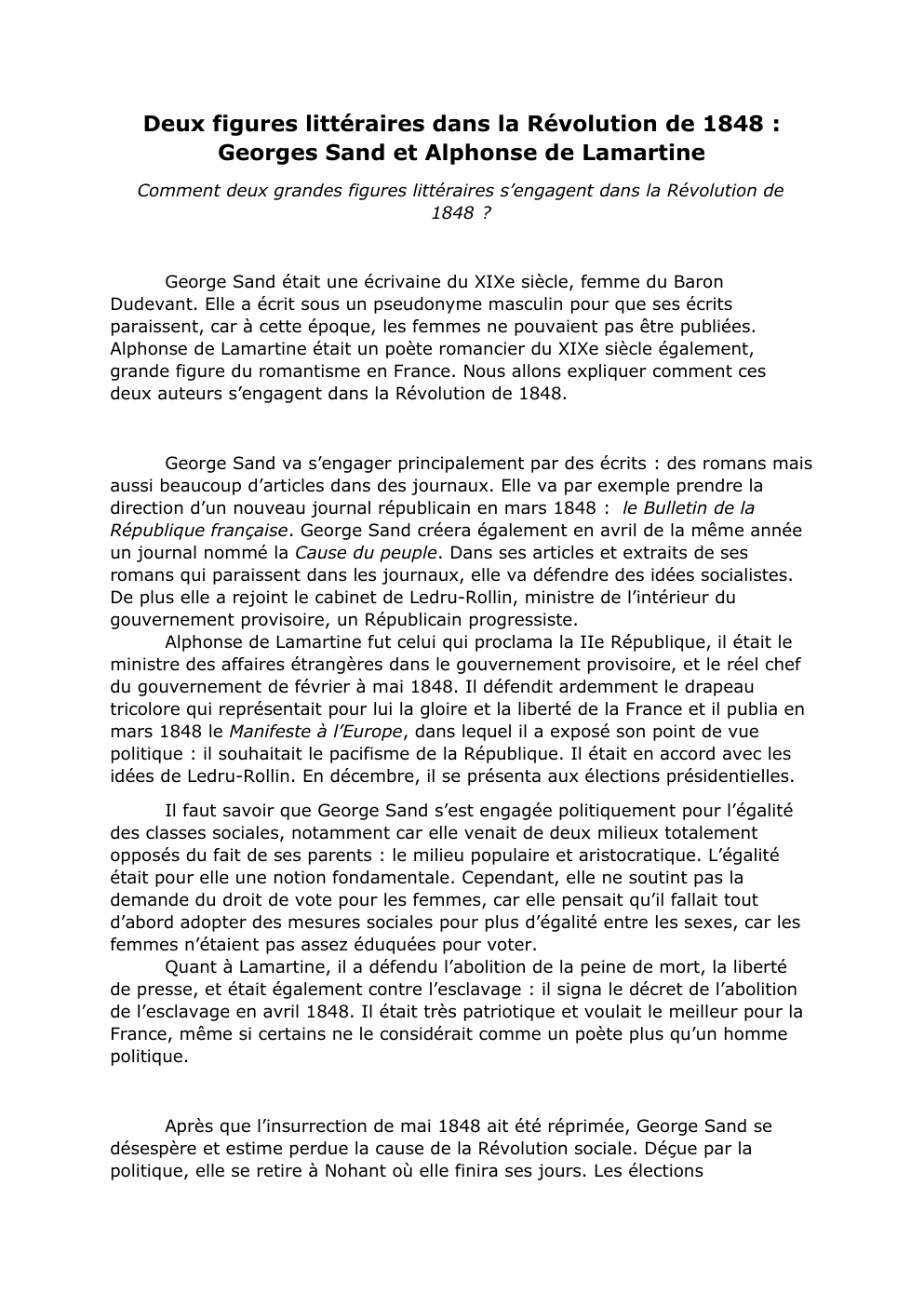 Prévisualisation du document Deux figures littéraires dans la Révolution de 1848 : Georges Sand et Alphonse de Lamartine