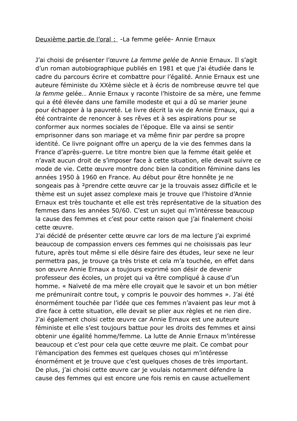 Prévisualisation du document Deuxième partie de l’oral : -La femme gelée- Annie Ernaux