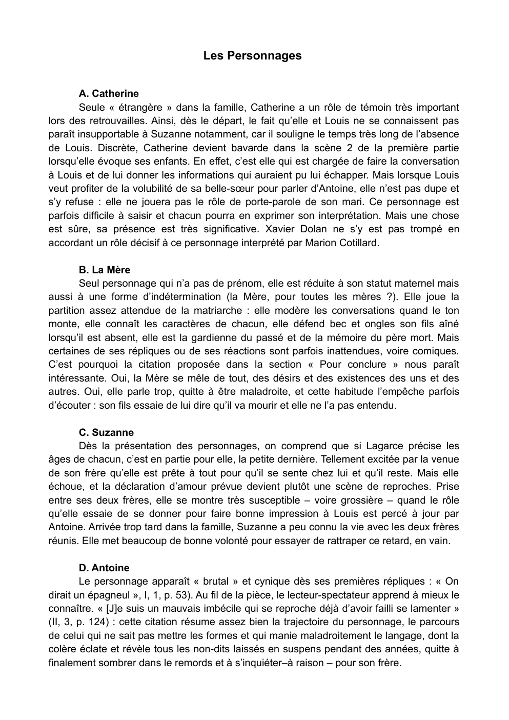 Prévisualisation du document développement personnages juste la fin du monde