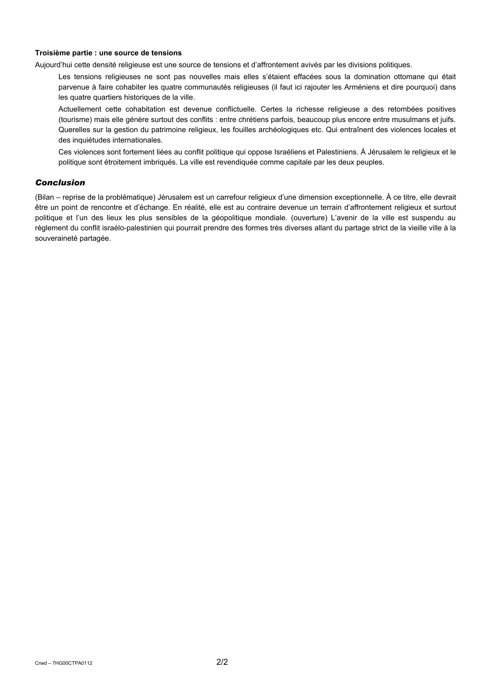 Prévisualisation du document Devoir 1 CNED CORRIGE TYPE 7HG00CTPA0112 Jérusalème