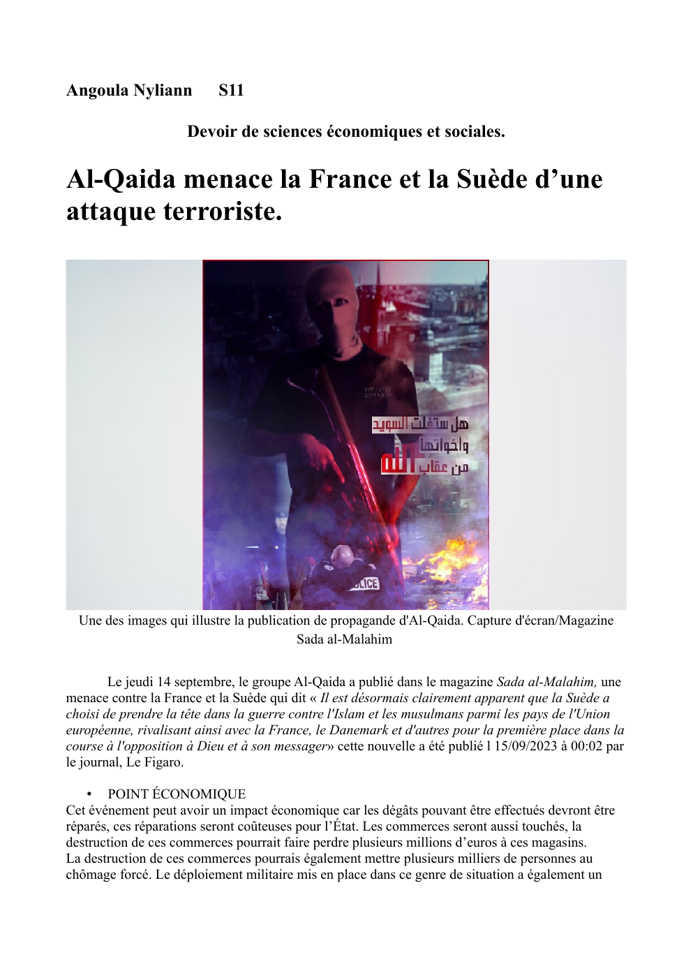 Prévisualisation du document Devoir de sciences économiques et sociales.  Al-Qaida menace la France et la Suède d’une attaque terroriste.