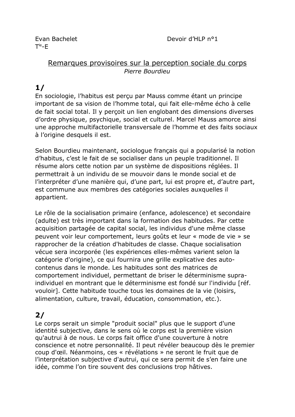 Prévisualisation du document Devoir d’HLP n°1  Remarques provisoires sur la perception sociale du corps Pierre Bourdieu