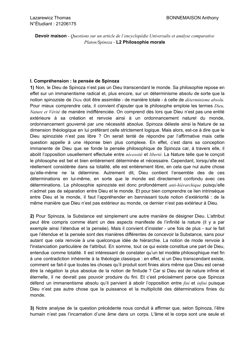 Prévisualisation du document Devoir maison - Questions sur un article de l’encyclopédie Universalis et analyse comparative Platon/Spinoza - L2 Philosophie morale