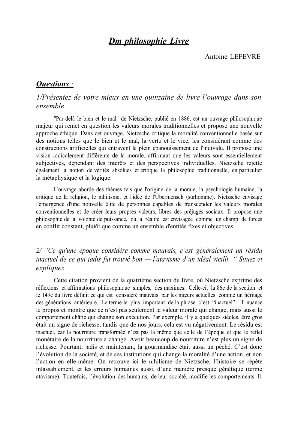 Prévisualisation du document Devoir sur "Par dela le bien et le mal de Nietzsche"