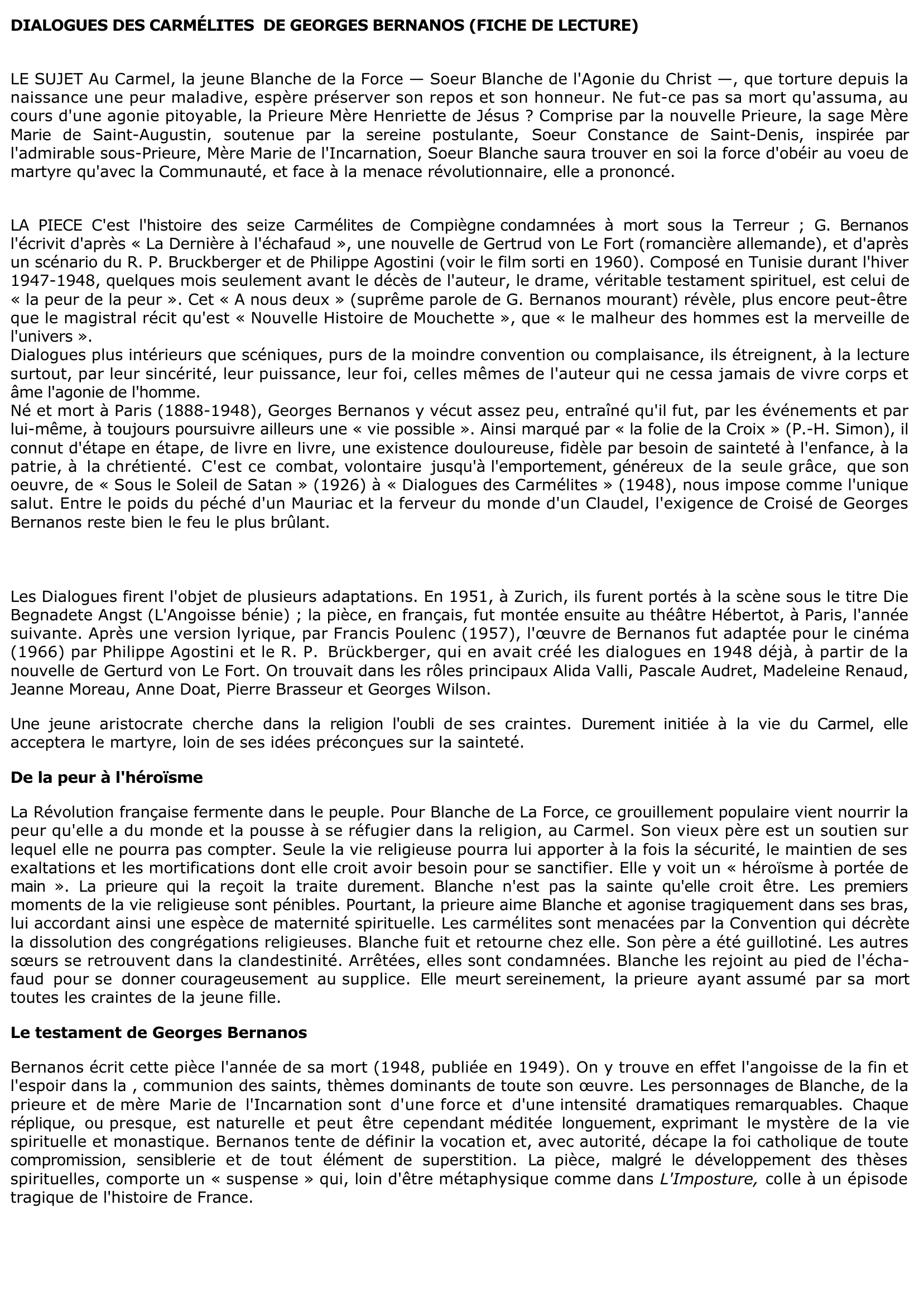 Prévisualisation du document DIALOGUES DES CARMÉLITES  DE GEORGES BERNANOS (FICHE DE LECTURE)