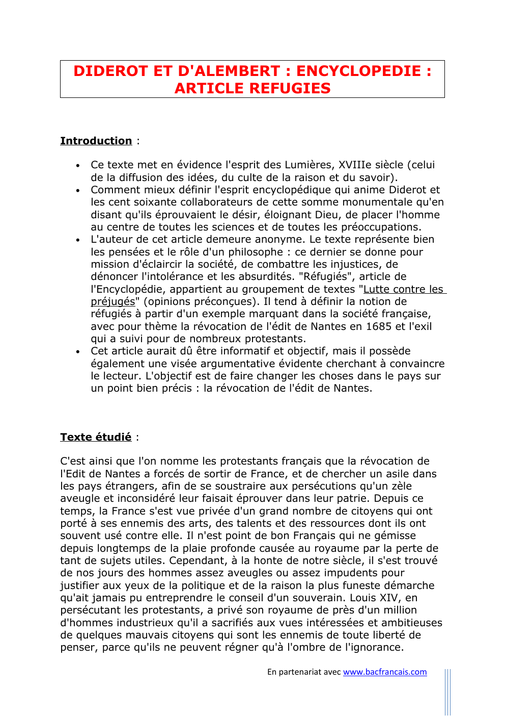 Prévisualisation du document DIDEROT ET D'ALEMBERT : ENCYCLOPEDIE : ARTICLE REFUGIES