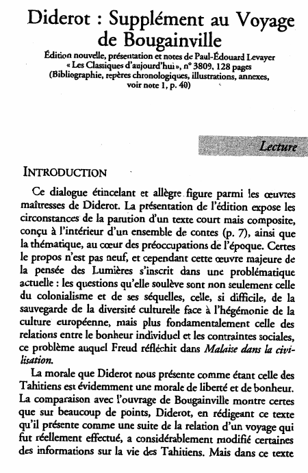 Prévisualisation du document Diderot : Supplément au Voyage de Bougainville (présentation de l'oeuvre)