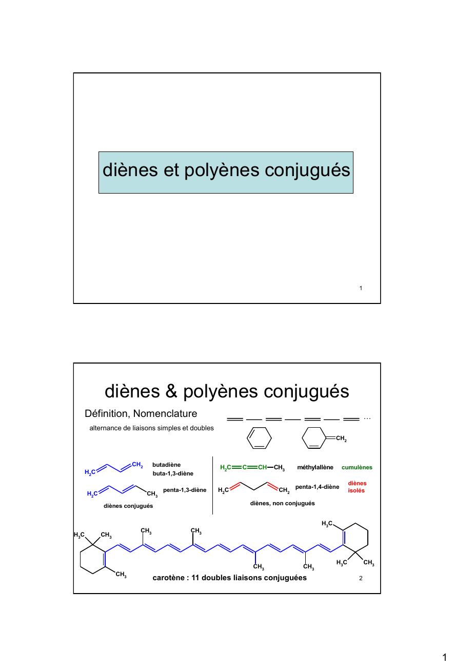 Prévisualisation du document diènes et polyènes conjugués

1

diènes & polyènes conjugués
Définition, Nomenclature

…

alternance de liaisons simples et doubles
CH2

CH2...