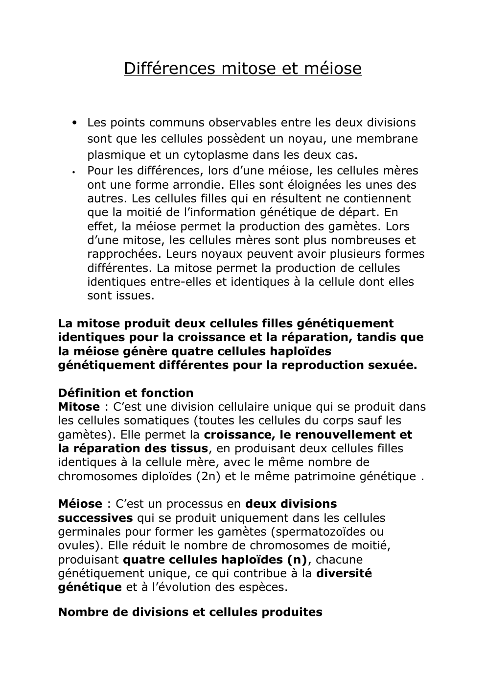 Prévisualisation du document Différences mitose et méiose