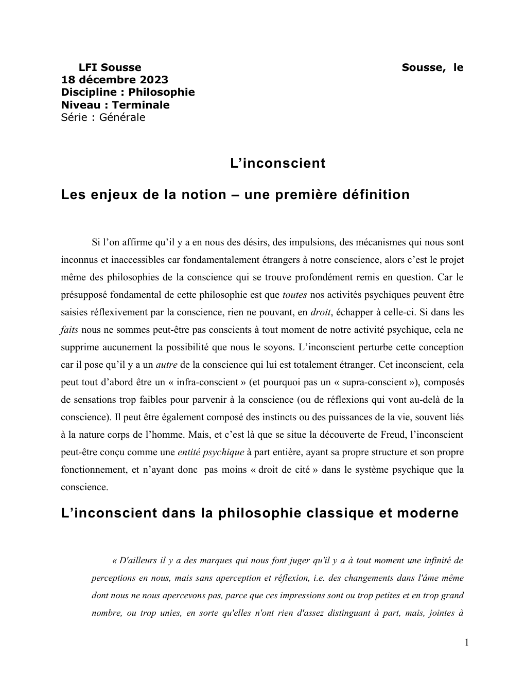 Prévisualisation du document Discipline : Philosophie Niveau : Terminale Série : Générale    L’inconscient