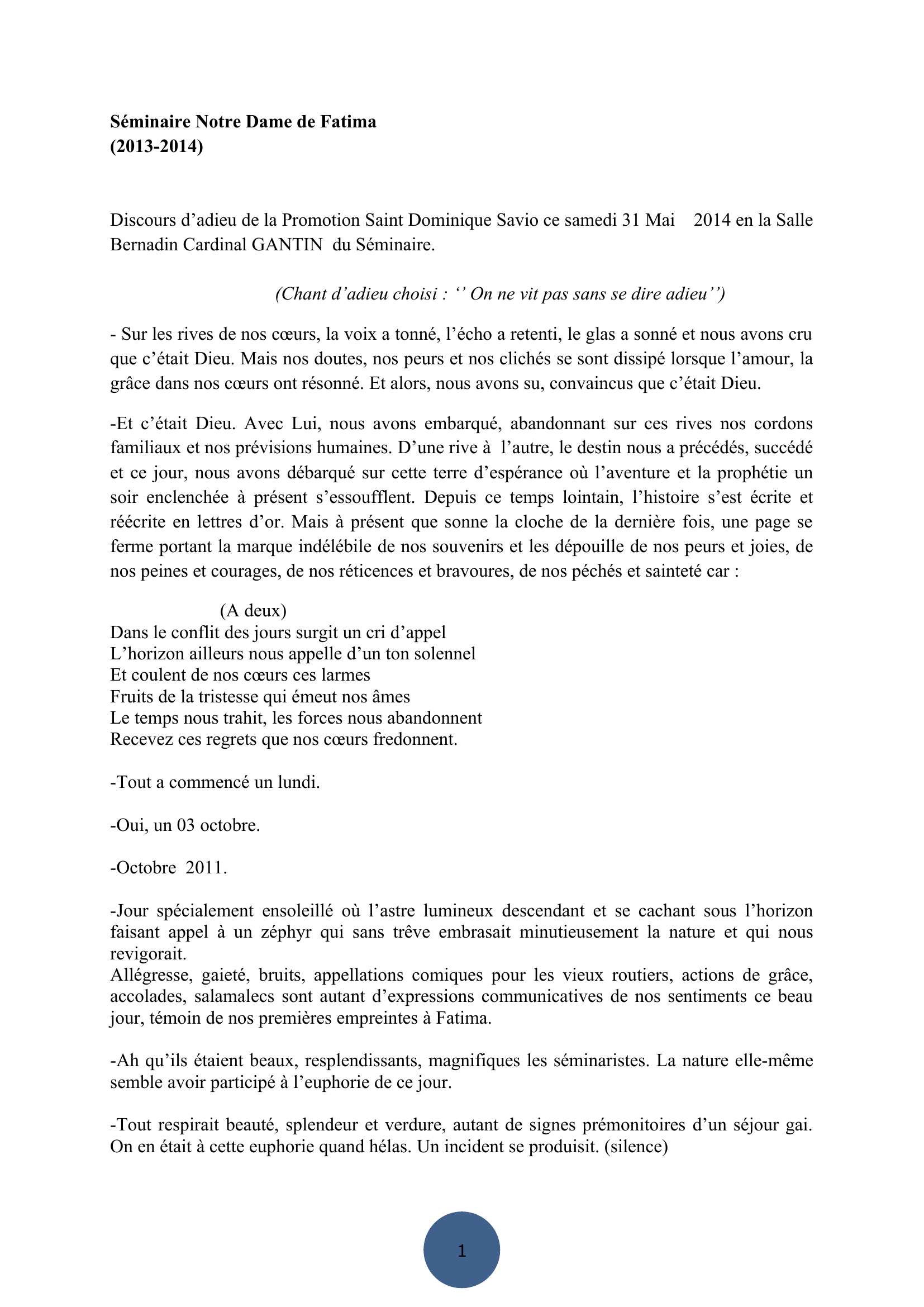 Prévisualisation du document Discours d’adieu de la Promotion Saint Dominique Savio ce samedi 31 Mai Bernadin Cardinal GANTIN du Séminaire