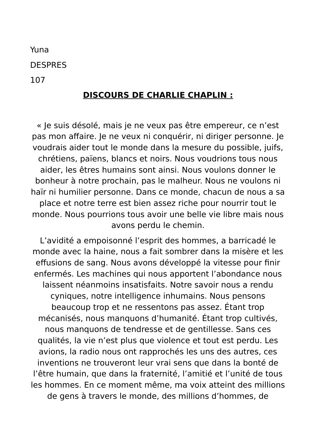 Prévisualisation du document DISCOURS DE CHARLIE CHAPLIN: Le dictateur + analyse