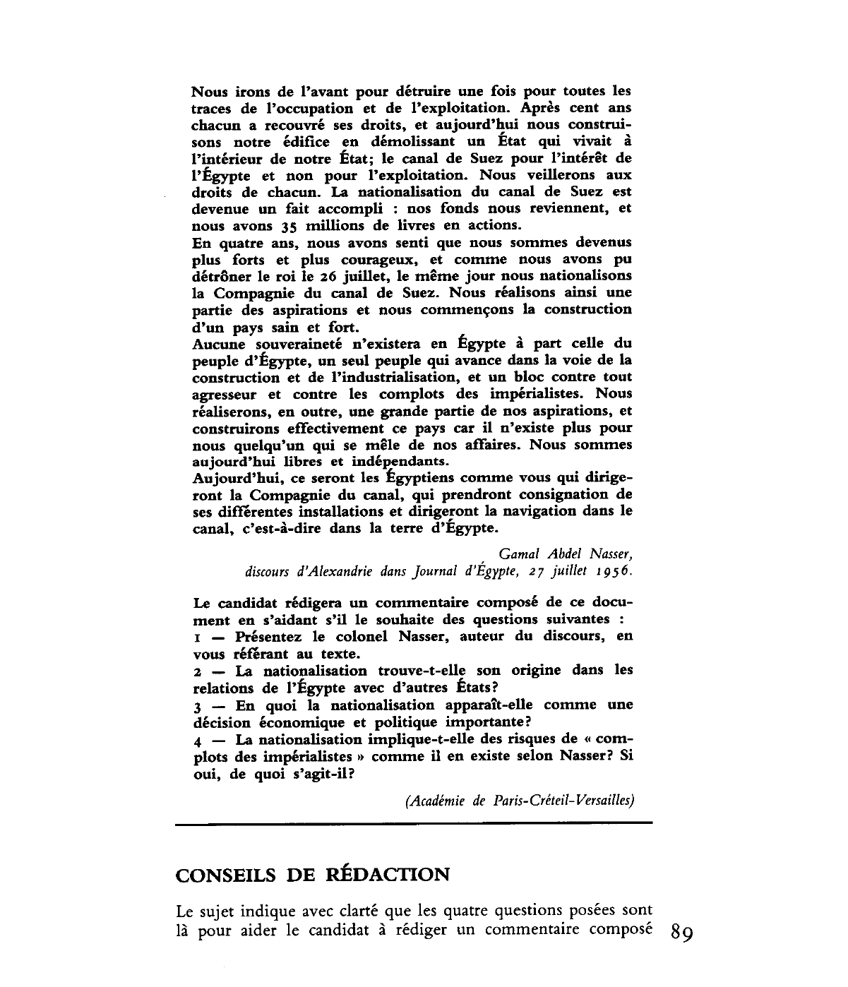 Prévisualisation du document Discours de Nasser du 26 juillet 1956. Histoire