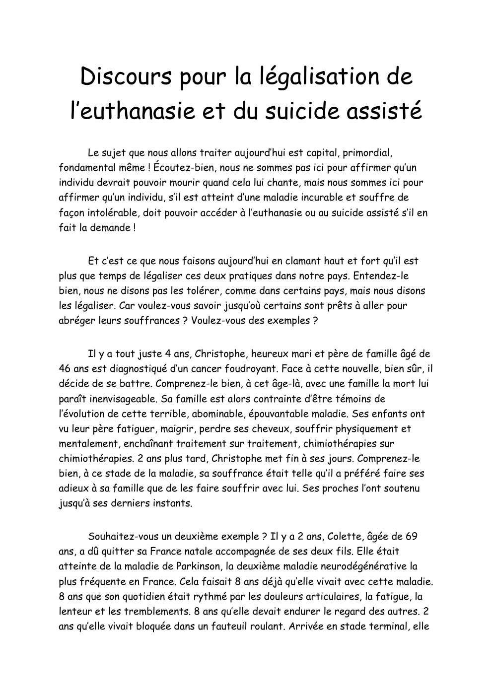 Prévisualisation du document Discours suicide assisté et euthanasie