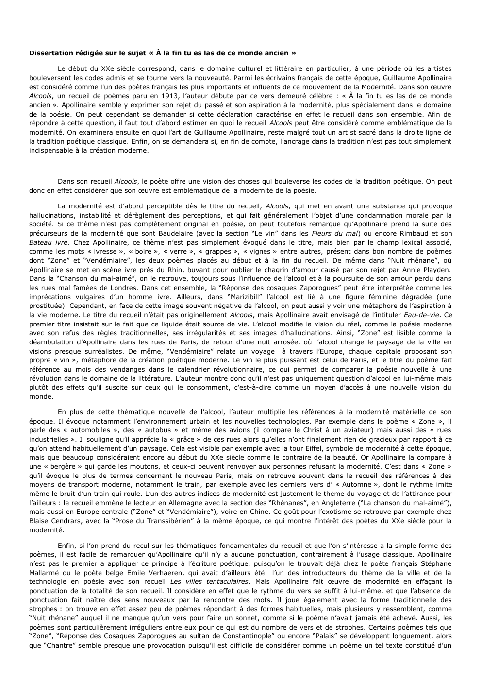 Prévisualisation du document dissertation alcools Guillaume Apollinaire: Dissertation rédigée sur le sujet « À la fin tu es las de ce monde ancien »