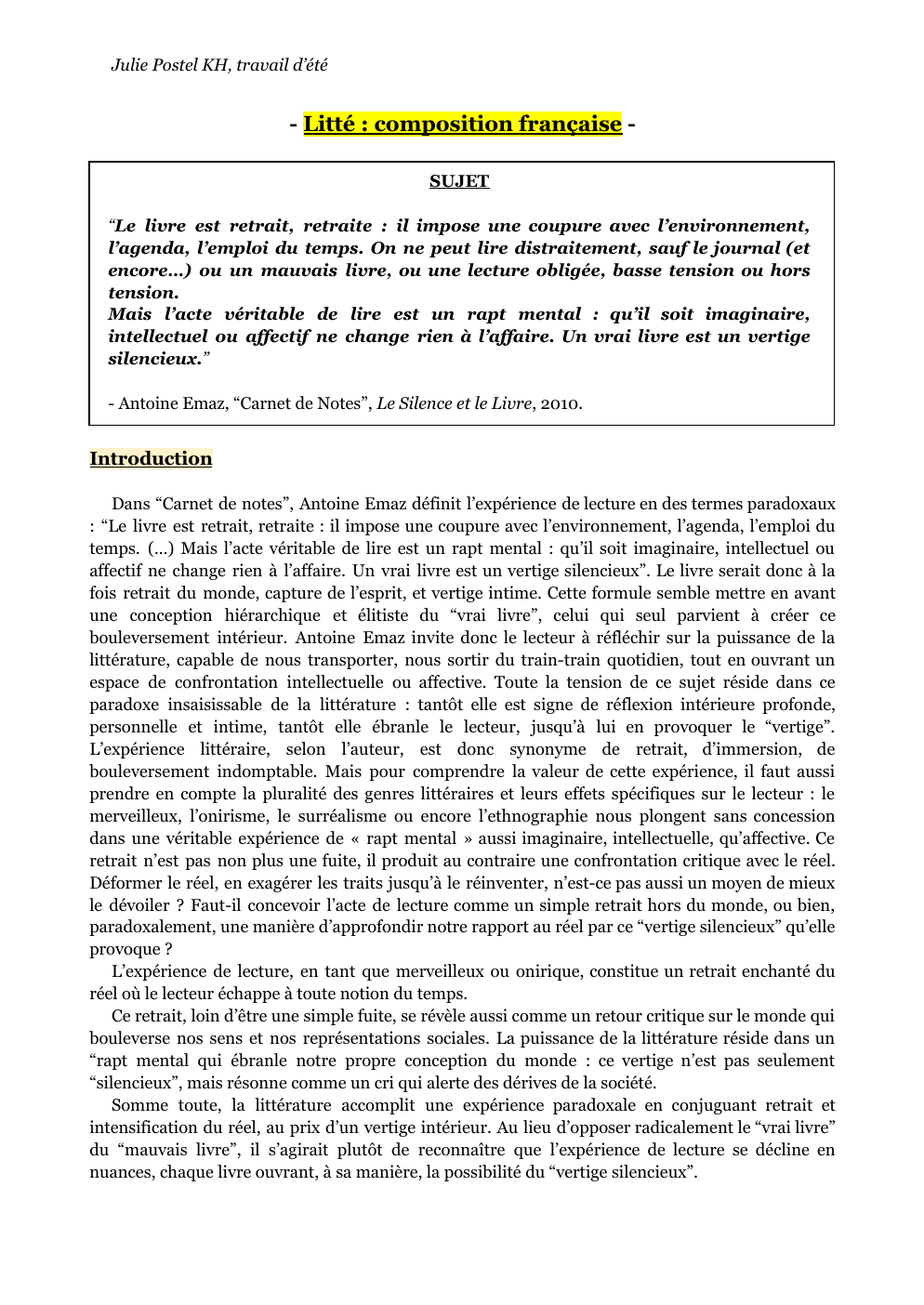 Prévisualisation du document Dissertation Antoine Emaz - Littérature khâgne - “Carnet de notes”, Antoine Emaz