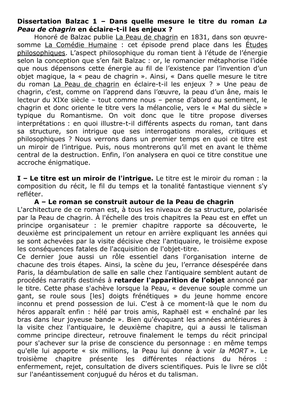 Prévisualisation du document Dissertation Balzac 1 – Dans quelle mesure le titre du roman La Peau de chagrin en éclaire-t-il les enjeux ?