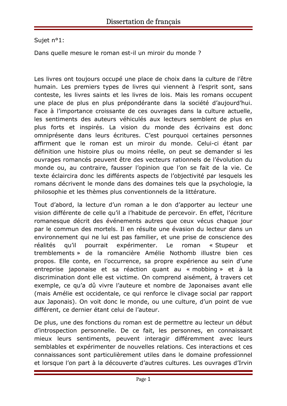 Prévisualisation du document dissertation de français Sujet n°1: Dans quelle mesure le roman est-il un miroir du monde ?