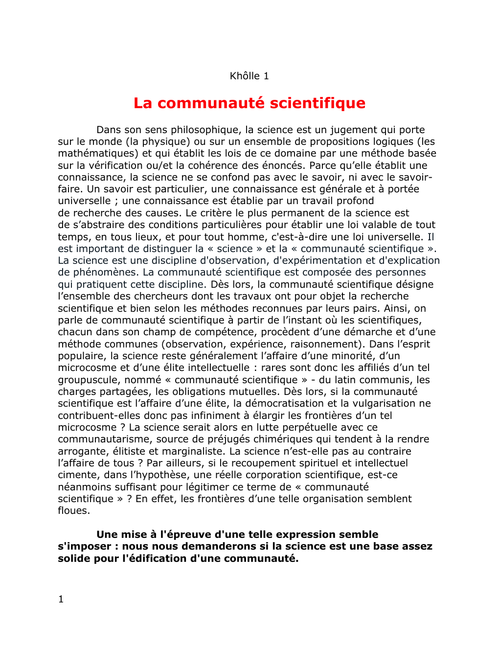 Prévisualisation du document Dissertation de philosophie: Khôlle 1  La communauté scientifique