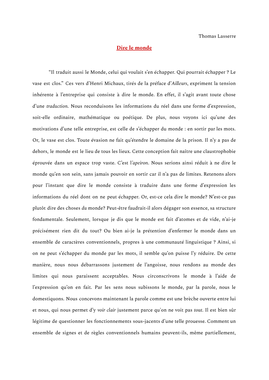 Prévisualisation du document Dissertation "dire le monde"