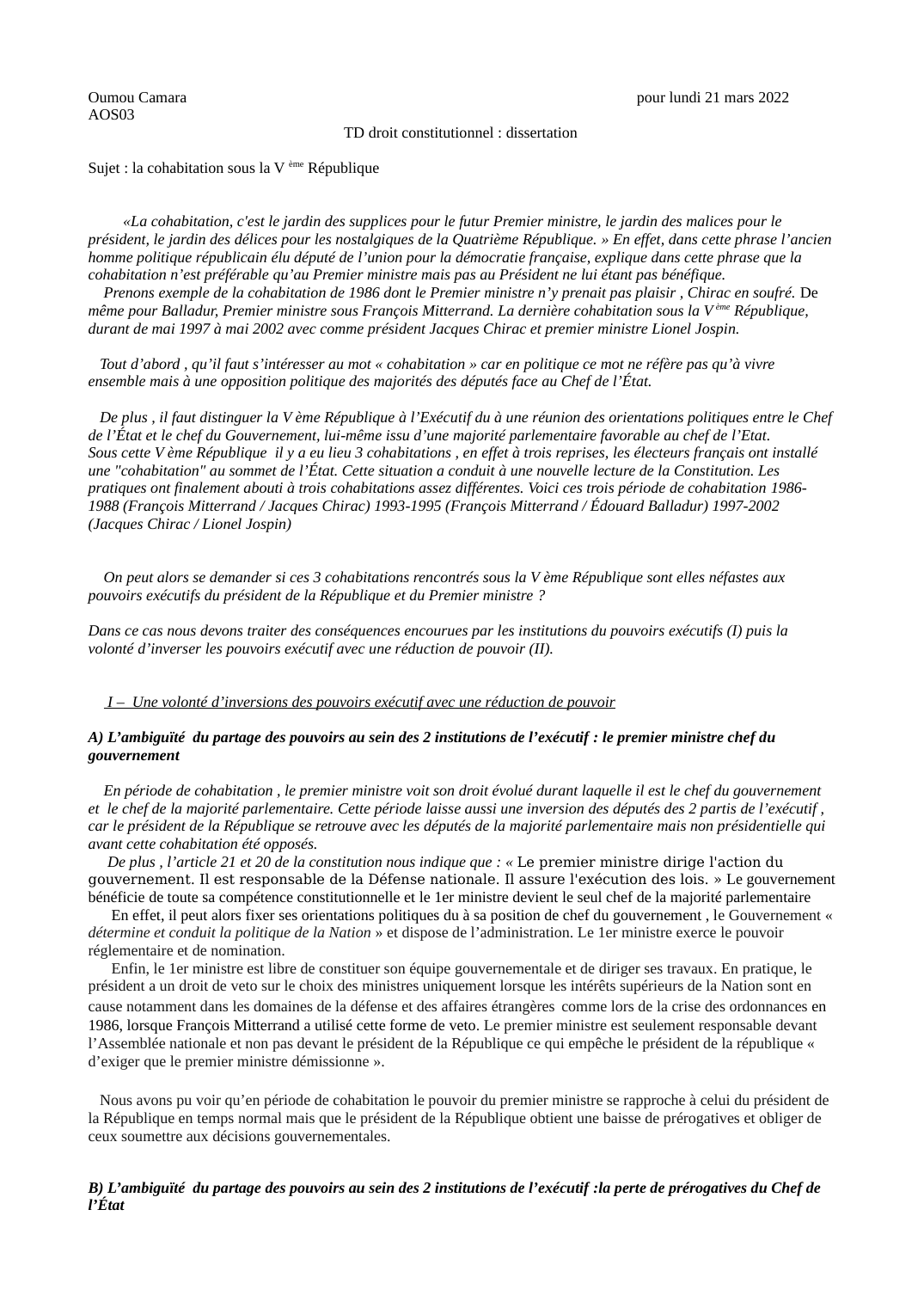 Prévisualisation du document dissertation droit constitutionnel: : la cohabitation sous la Vème République