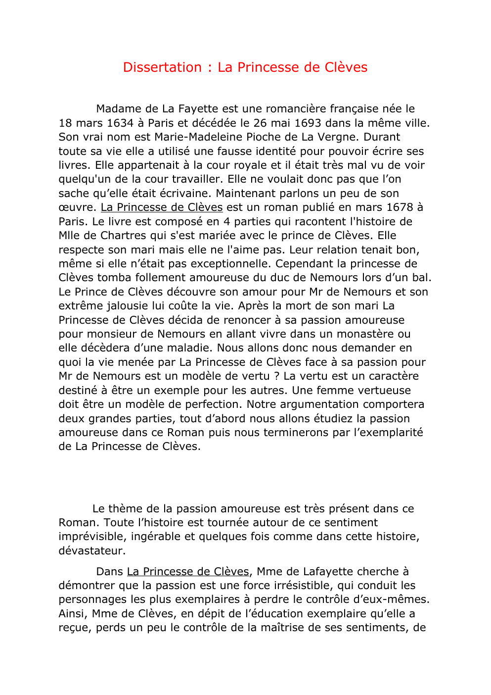 Prévisualisation du document Dissertation La princesse de Clèves: vertu et passion
