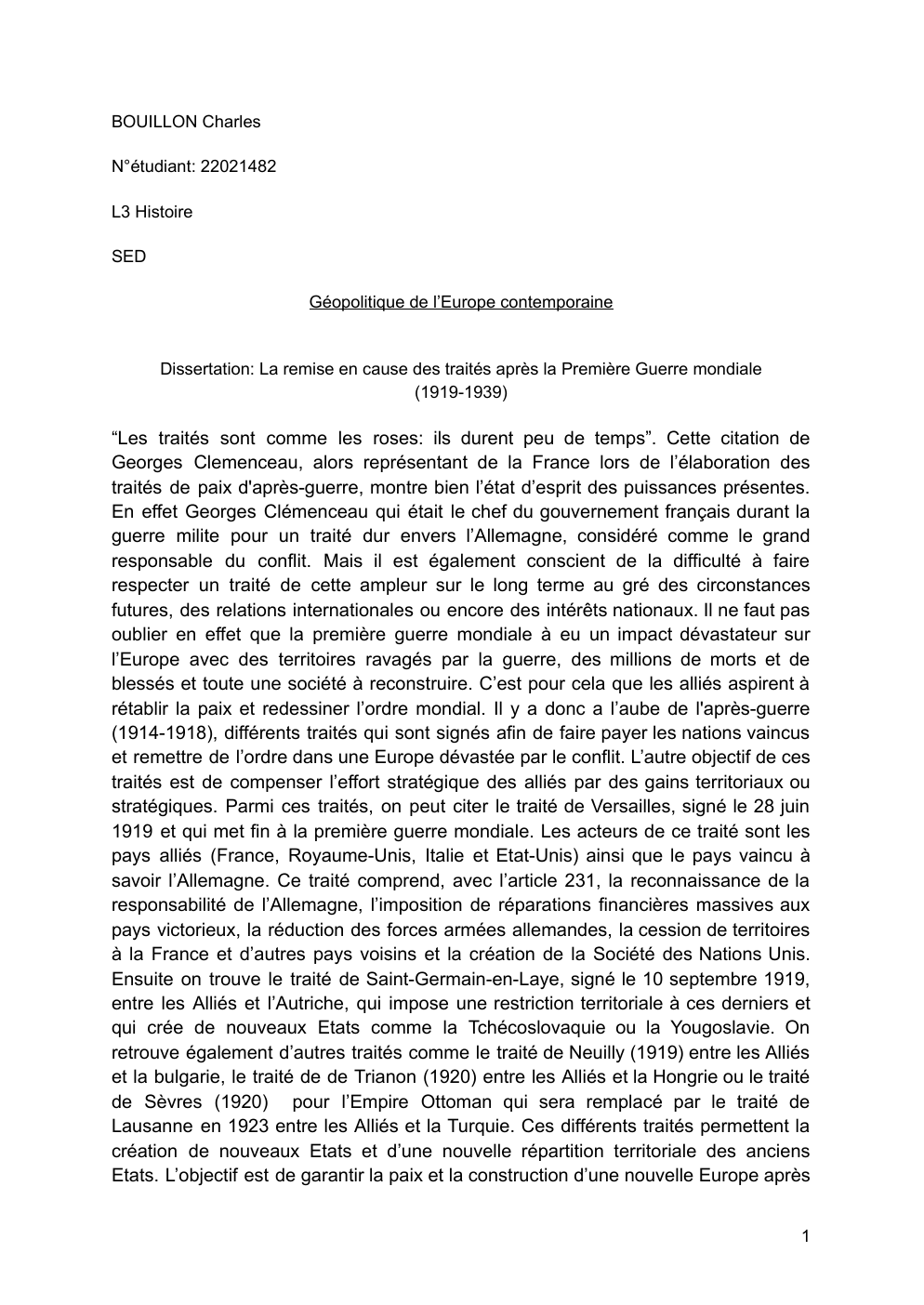 Prévisualisation du document Dissertation: La remise en cause des traités après la Première Guerre mondiale (1919-1939)