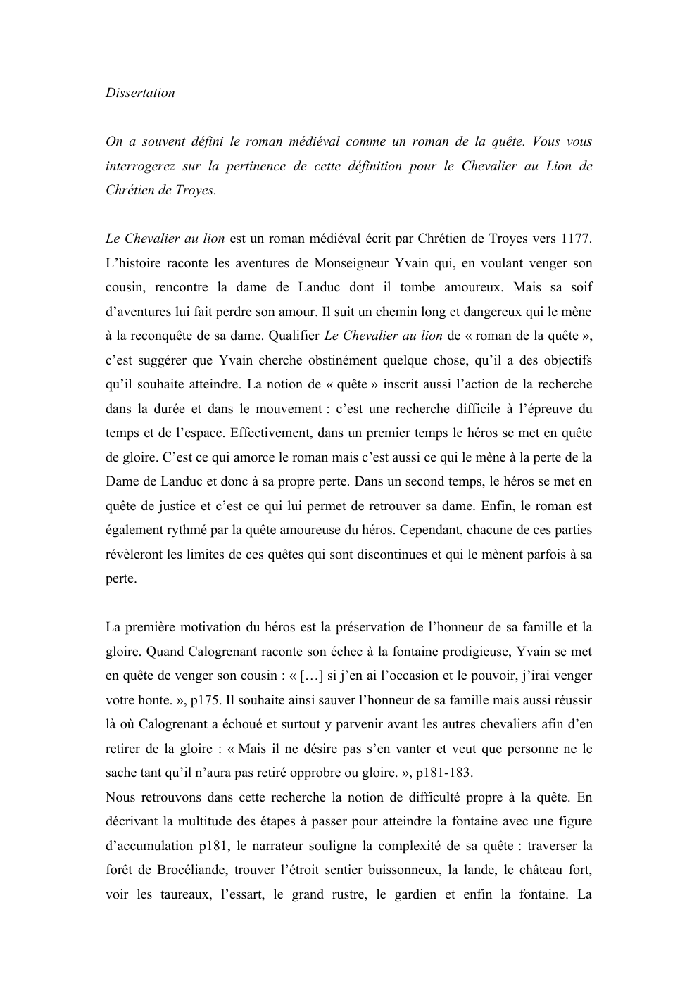 Prévisualisation du document Dissertation le Chevalier au Lion de Chrétien de Troyes.