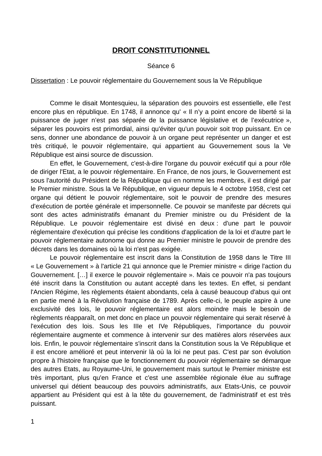 Prévisualisation du document Dissertation Le pouvoir réglementaire du Gouvernement sous la Ve République