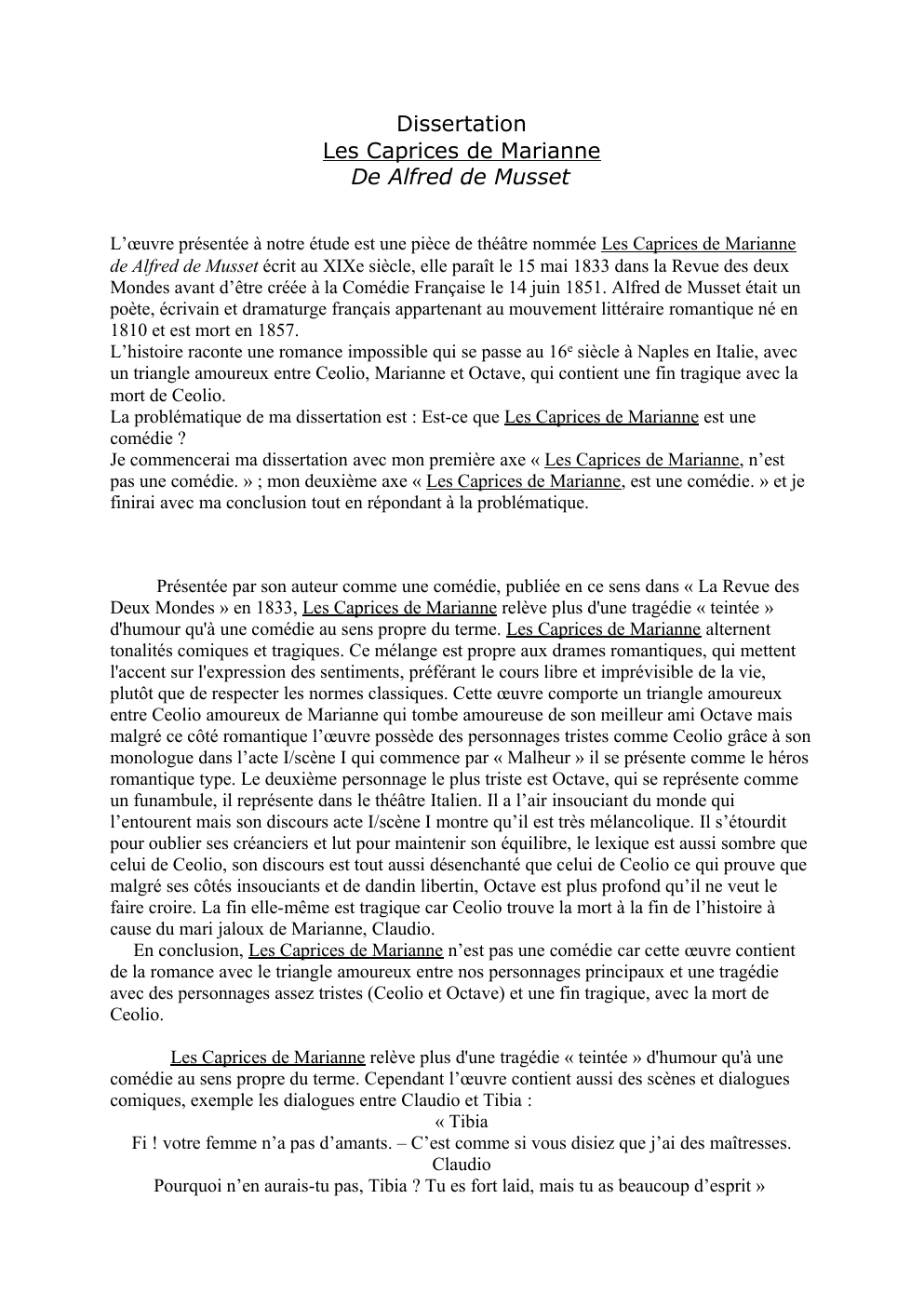 Prévisualisation du document Dissertation Les Caprices de Marianne De Alfred de Musset