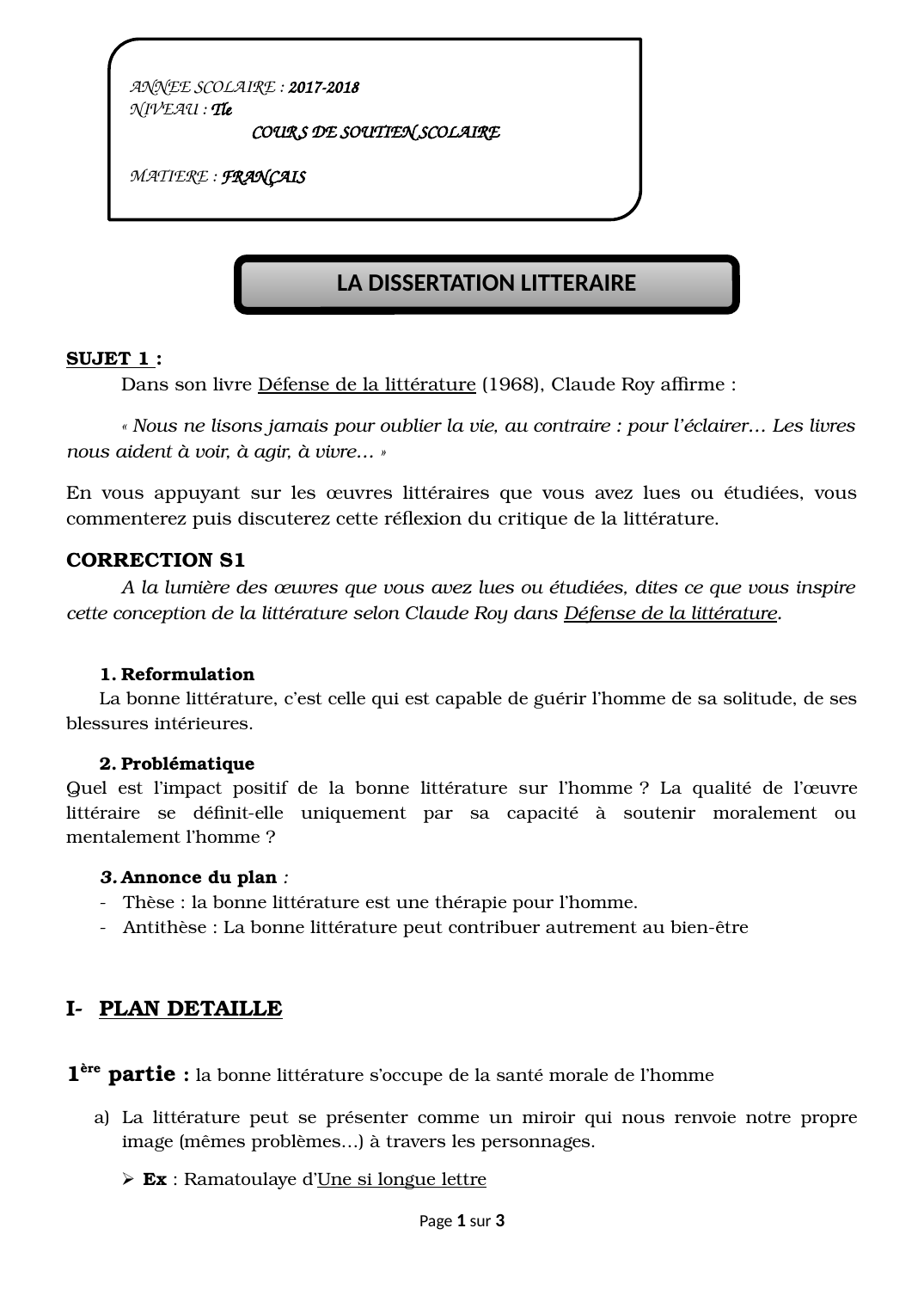 Prévisualisation du document Dissertation littéraire: Défense de la littérature (1968), Claude Roy