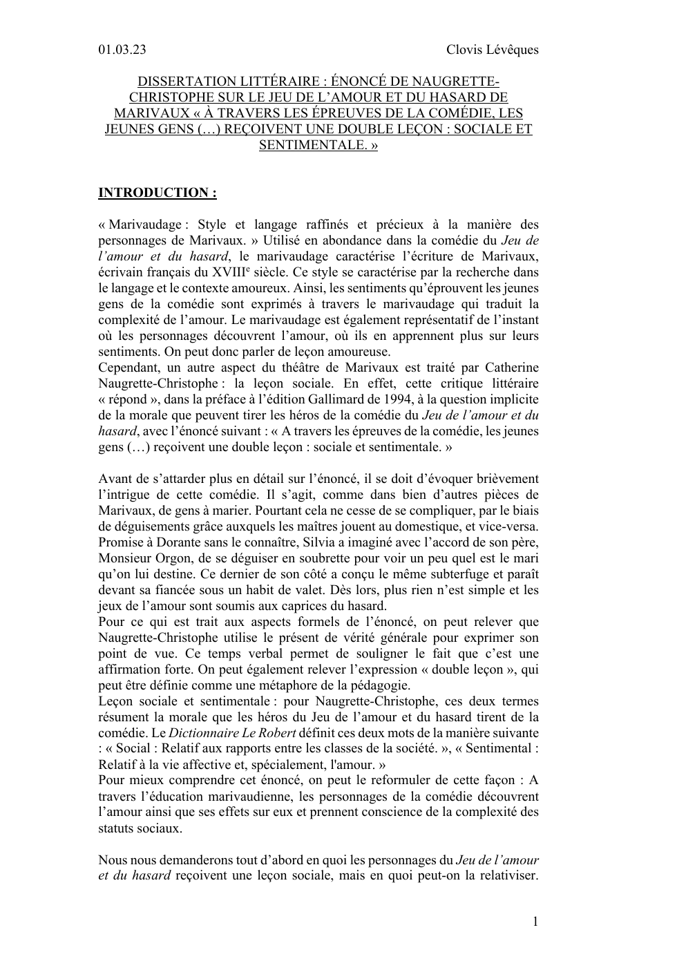 Prévisualisation du document Dissertation littéraire : Le Jeu de l'amour et du hasard, énoncé de Naugrette-Christophe