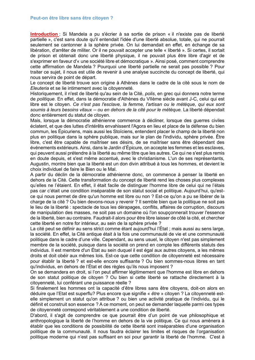 Prévisualisation du document Dissertation philosophie "peut on être libre sans être citoyen ?"