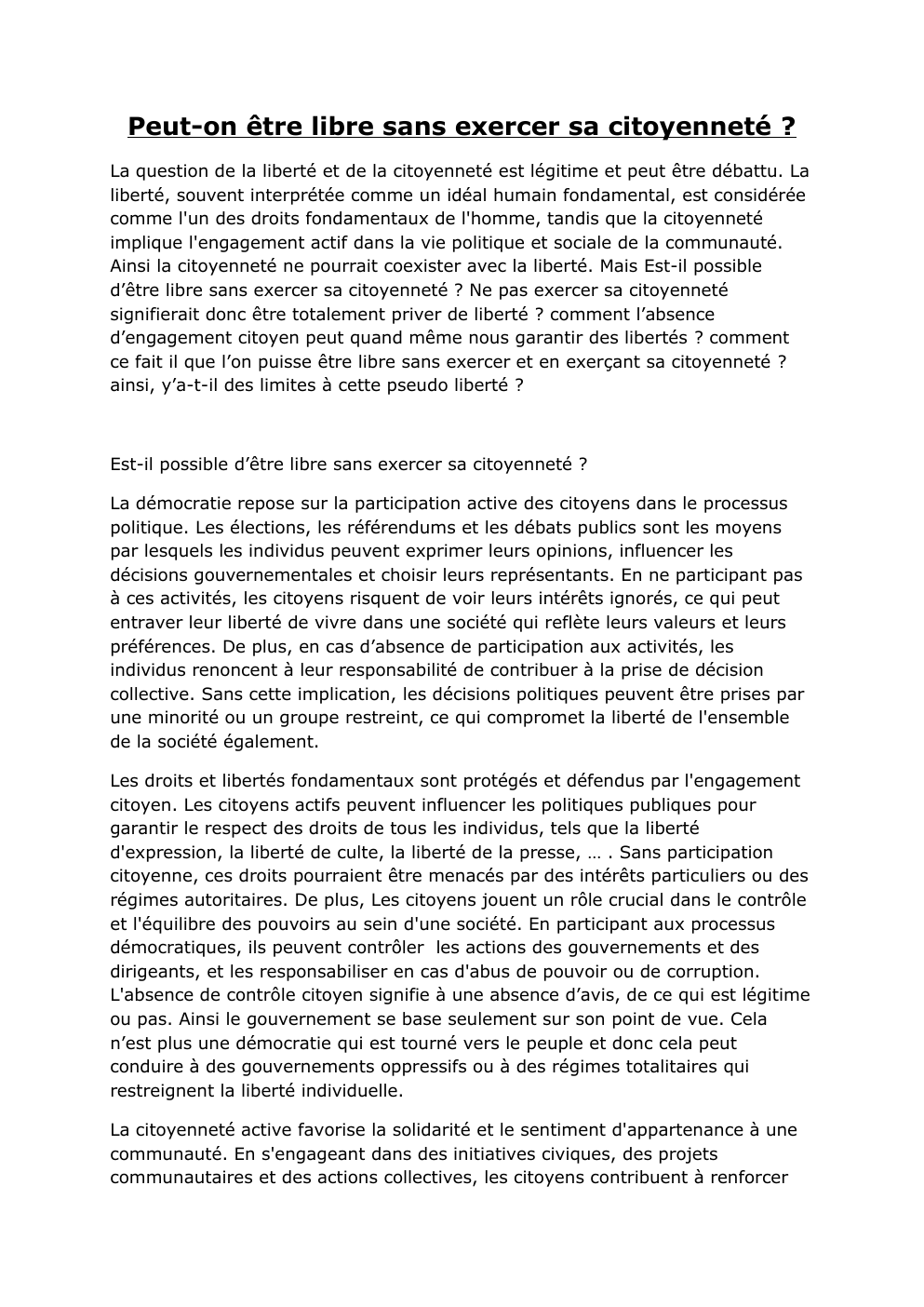 Prévisualisation du document dissertation philosophie : ''Peut on être libre sans exercer sa citoyenneté ?''