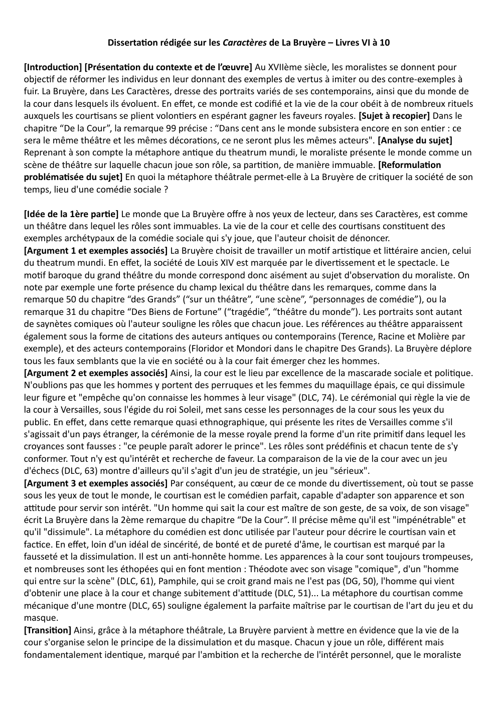 Prévisualisation du document Dissertation rédigée sur les Caractères de La Bruyère – Livres VI à 10